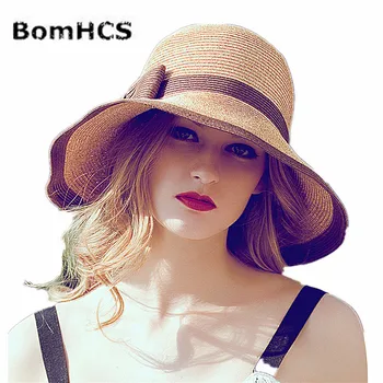 Дамска сламена шапка от слънцето BomHCS UPF50 + шапка с широка периферия, лятна плажна шапка 17F-39MZ8