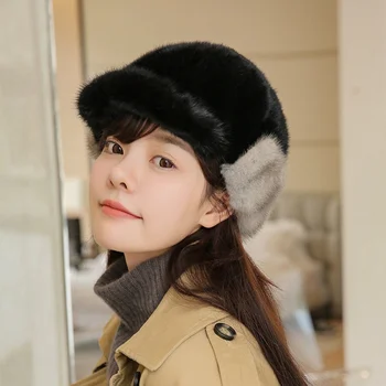 Однотонная кожа, капачка, със същия размер, зимна дамска шапка за защита на ушите от кожа на норка, луксозна топла кожа шапка с утиным по езика