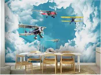 WDBH потребителски стенописи 3d фото тапет Синьо небе и бели облаци самолет детски интериор хол тапети за стени d 3