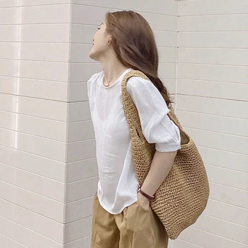 Луксозни ротанговые дамски чанти през рамо тъкани дамски чанти кошница за пазаруване в рамото плажна чанта с голям капацитет Модни книжен тканая