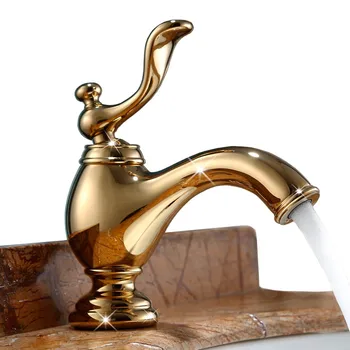 Разкошен златен висок клас батерия за мивка от плътен месинг в банята в класически стил, създадена на бортике, луксозен смесител за мивка, чешма