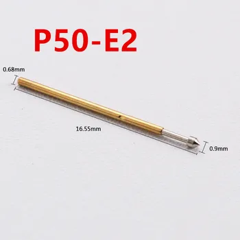 100 бр./опаковане. Тест сонда P50-E2 с конична игла, Диаметърът на тръбата 0,68 мм Дължина 16,55 мм за извеждане на Пого на печатна платка
