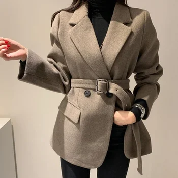 Южна Корея, стилни есен 2023, ново палто, темпераментна ретро костюм, яката на две копчета, тънка жилетка с дълги ръкави, вълнена риза, дамски