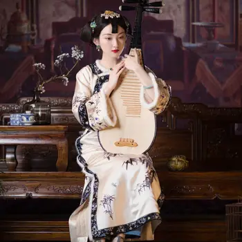 Оригинални китайски дворцовое рокля на династия Цин Чонсам, антична кожа яка, бродерия кайсиев цвят, зимата рокля Qipao от утолщенного коприна