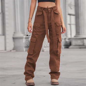2022 Модерен нов гащеризон дантела, женски обикновена дънкови панталони с много джобове, дамски улични ежедневни памучни директни дънкови панталони