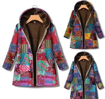 Есенно-зимния ново палто от памук и коноп за жени, реколта топло зимно яке с качулка с цип с джоб с принтом
