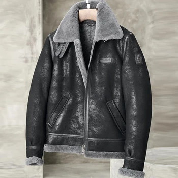 Мъжко яке-бомбер от овча кожа B3, кожено яке, кратък стил, черно ревера