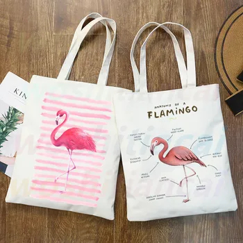 Холщовая чанта-тоут с принтом фламинго на рамото за жени, дамски чанти, еко-множество чанта за пазаруване, реколта модни чанти Ulzzang