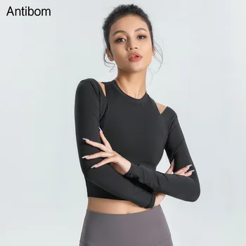 Тениски за йога Antibom, женски съкратен топ с дълъг ръкав, бързосъхнеща однотонная тениска за тренировки във фитнеса
