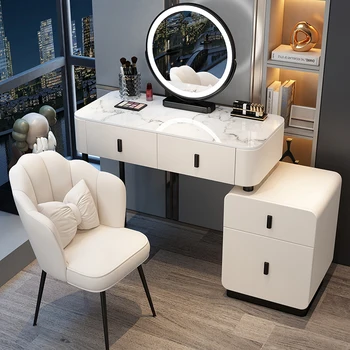 Грим Бели тоалетни масички със стол и Огледало Led Модерен шкаф за съхранение на Nordic Luxury Tavolo Trucco Конзола мебели LJ50DT