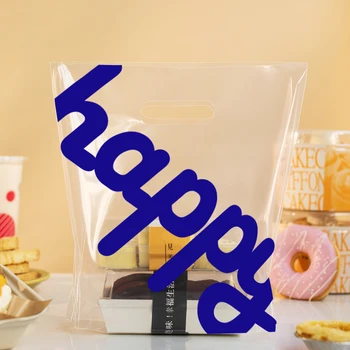 50ШТ Прозрачни пластмасови опаковки, опаковки с ясни букви, ръчна дръжка, сладък торбичка за печене на сладкиши, чанта за храна и десерти за вкъщи с плоско дъно