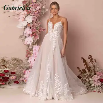 Gabriellar Прекрасни сватбени рокли трапецовидна форма с V-образно деколте, аппликацией, на спагети презрамки, без табли, тюл, 2023, Vestido De Noiva, по поръчка
