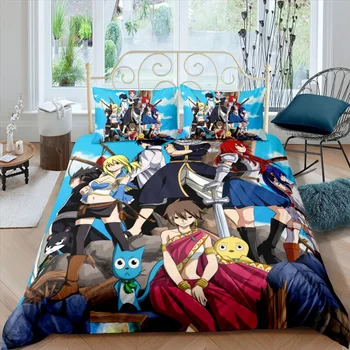 Аниме Fairy Tail 3D, чаршаф с калъфка, комплект спално бельо, единична, двойна, Двойна, пълен комплект с легло Queen King за декор за спалня