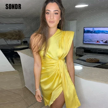 SONDR Жълти къси рокли за абитуриентски бал без ръкави, с едно рамо, Vestido, сексуална мини-коктейл рокля с цепка, вечерни рокли за партита, рокли 2023