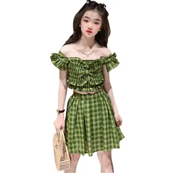Модни комплекти дрехи в зелената клетка за момичета, в началото на с открити рамене + пола, летни новости, Корея, двойка, наградата на най-горещите оферти, съоръжения