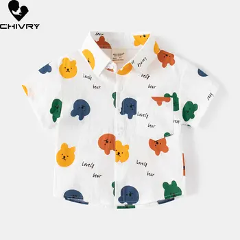 Модерен ризи за момчета, новост 2023, лятна однобортная риза с къси ръкави и шарките на мечок от анимационен филм за малки момчета, блузи, детски ежедневни облекла